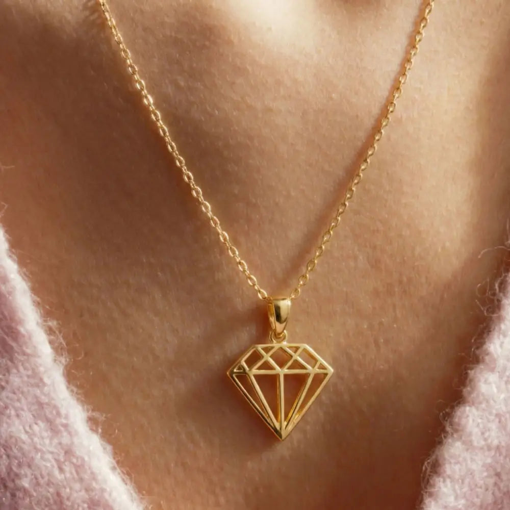 14K Solid Gold Geometric Diamond Necklace Modern Outline Pendant Charm Dainty Minimalist Jewelry Art Deco Style Gift
