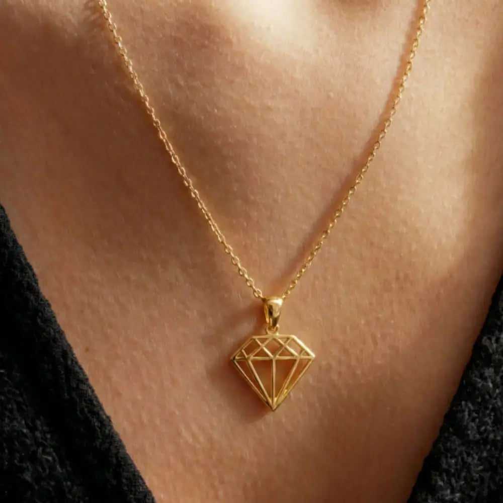 14K Solid Gold Geometric Diamond Necklace Modern Outline Pendant Charm Dainty Minimalist Jewelry Art Deco Style Gift