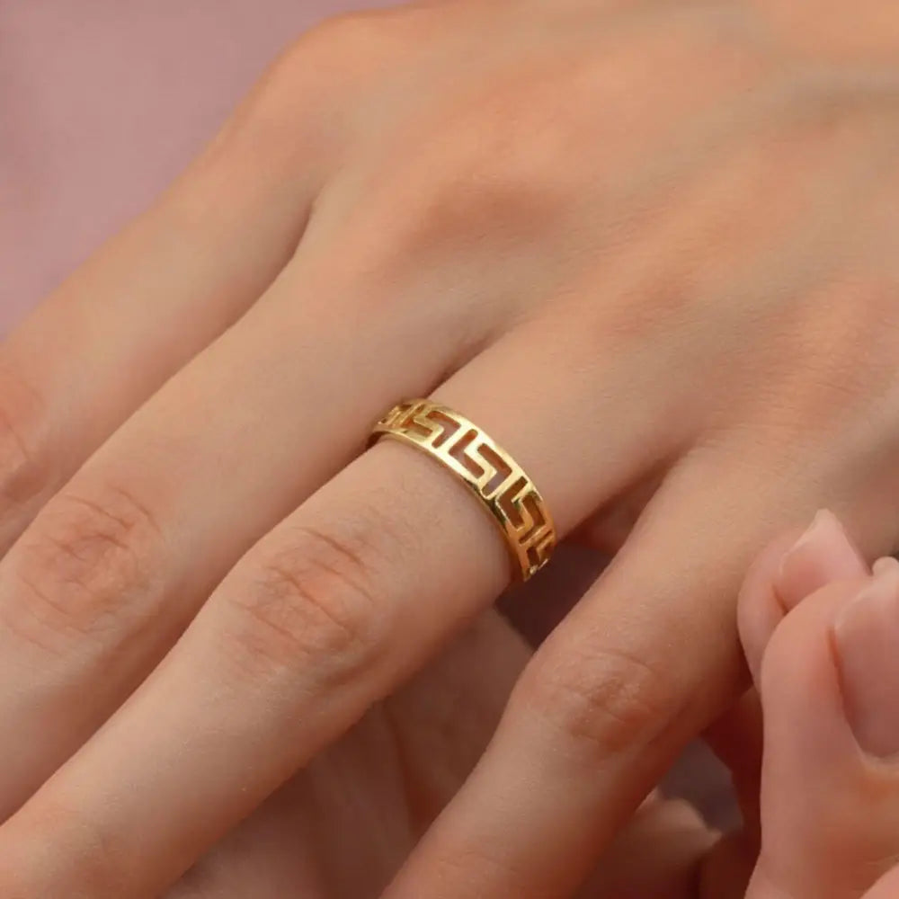 14K Solid Gold Greek Key Ring 3mm Meander Band