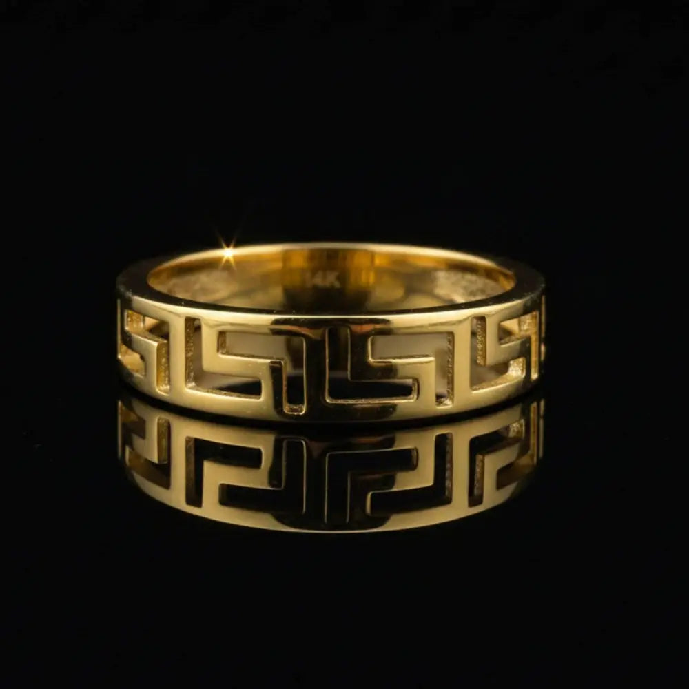 14K Solid Gold Greek Key Ring 3mm Meander Band