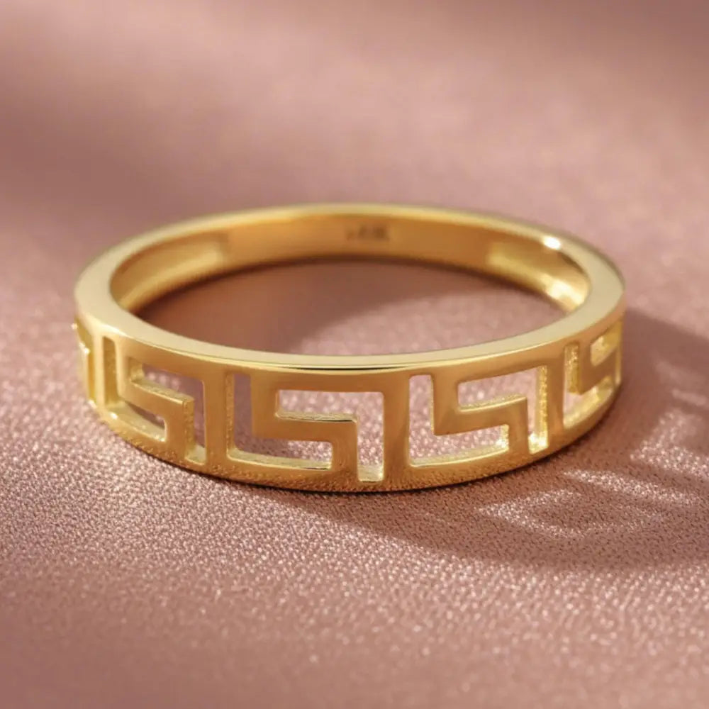14K Solid Gold Greek Key Ring 3mm Meander Band - Gold – Gold of America