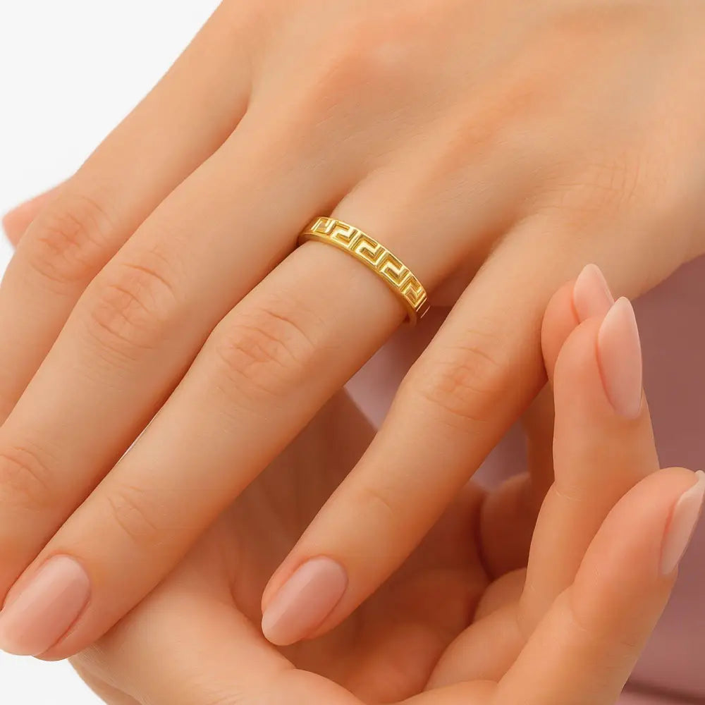 14K Solid Gold Greek Key Ring Byzantine Meander Band