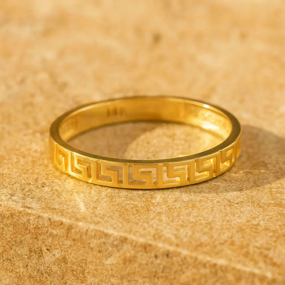 14K Solid Gold Greek Key Ring Byzantine Meander Band
