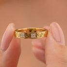 14K Solid Gold Greek Key Ring – Meander Design with Side Simulated Diamond