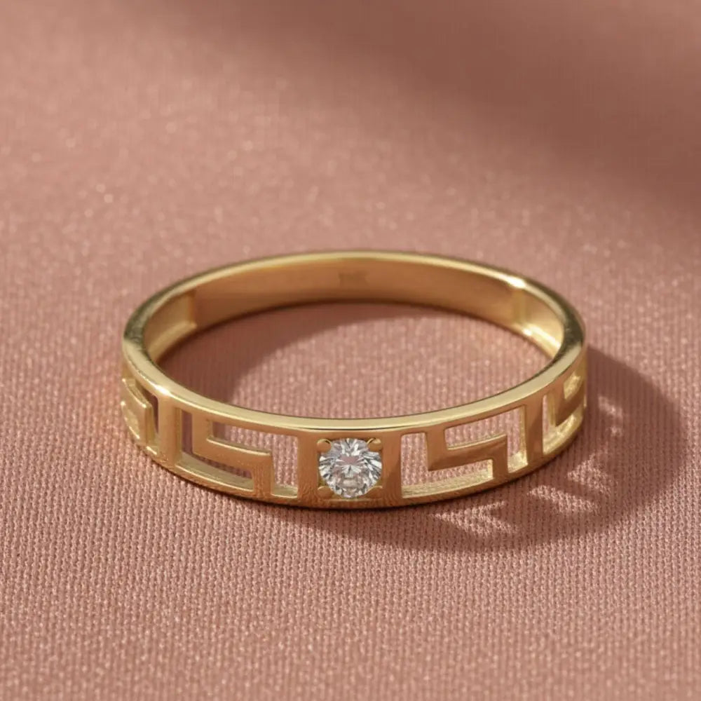 14K Solid Gold Greek Key Ring Simulant Diamond Engagement Ring