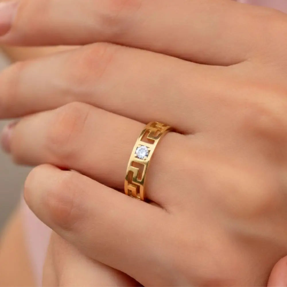 14K Solid Gold Greek Key Ring Simulant Diamond Engagement Ring