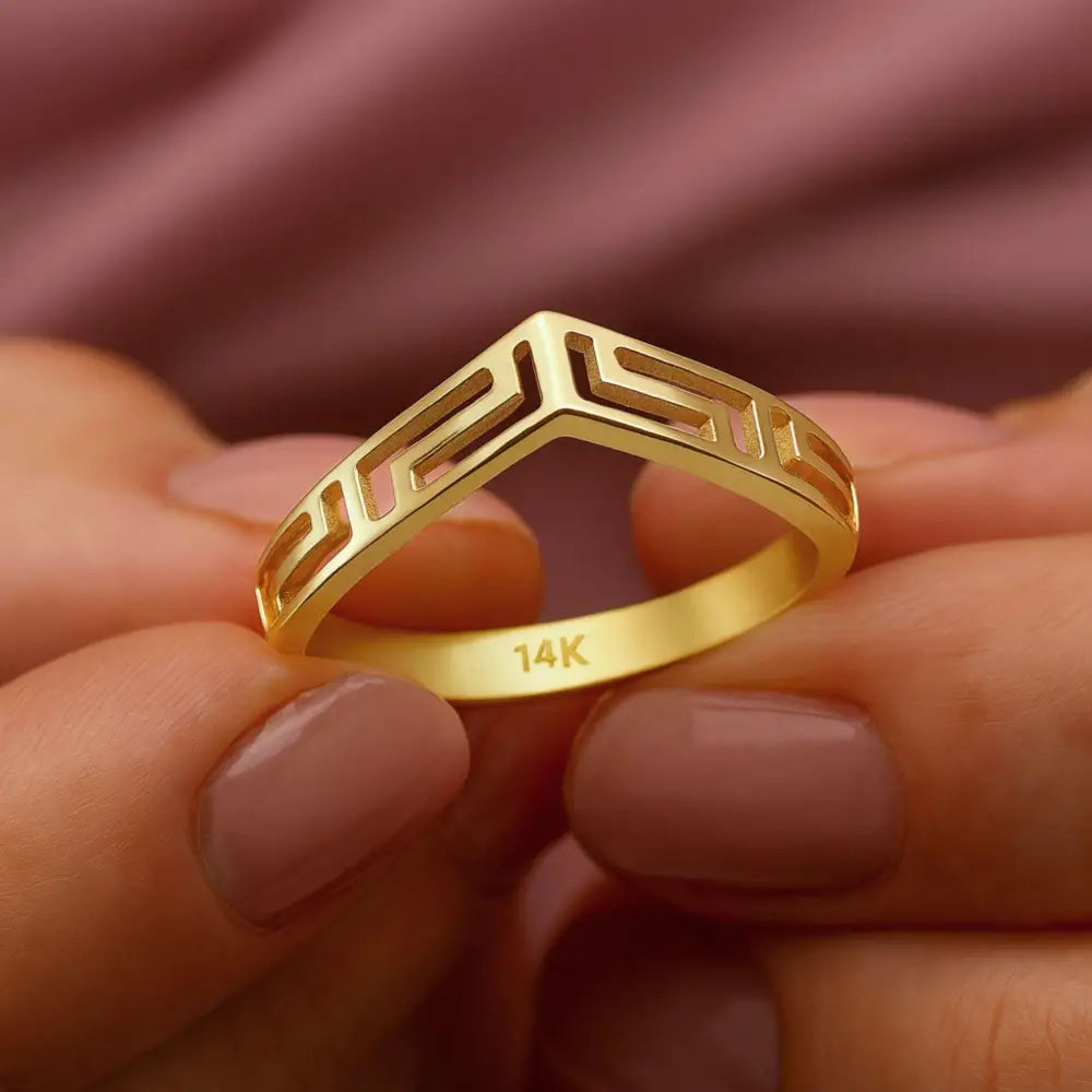 14K Solid Gold Greek Key Ring V Shape Meander Wedding Band