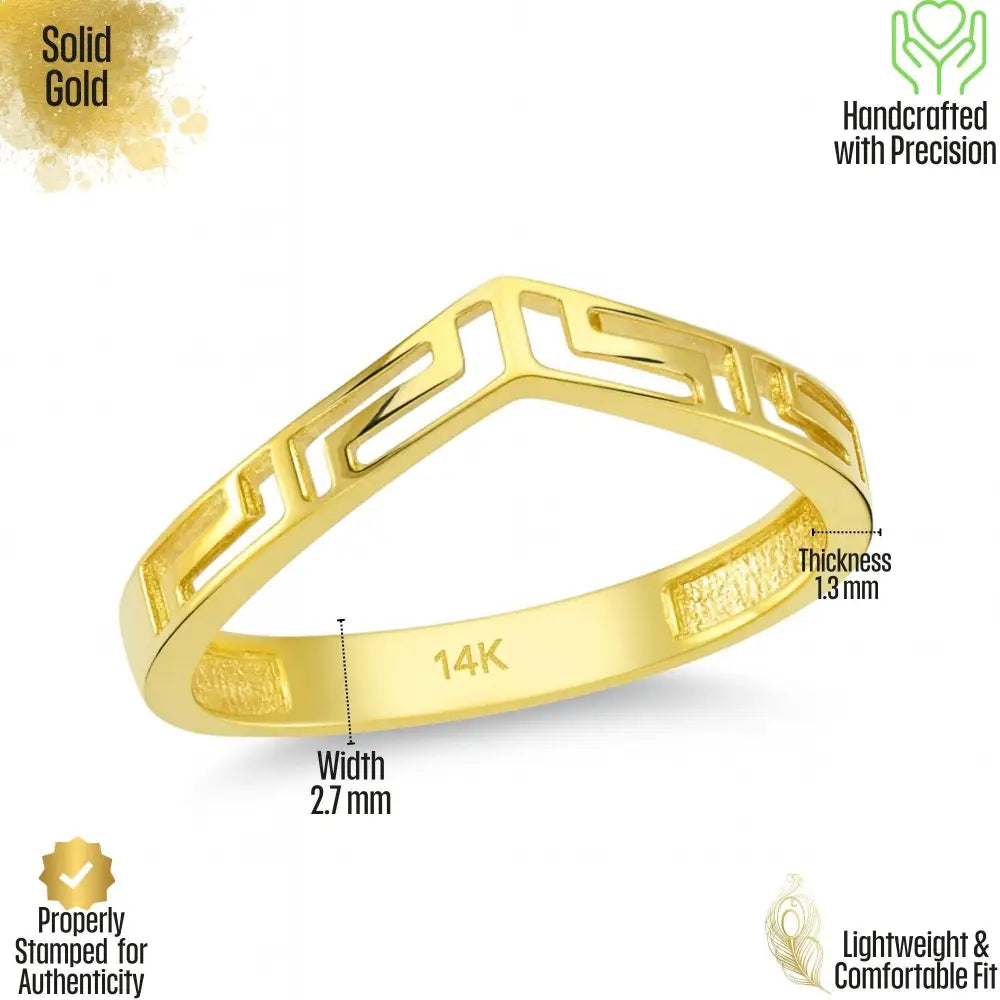 14K Solid Gold Greek Key Ring V Shape Meander Wedding Band
