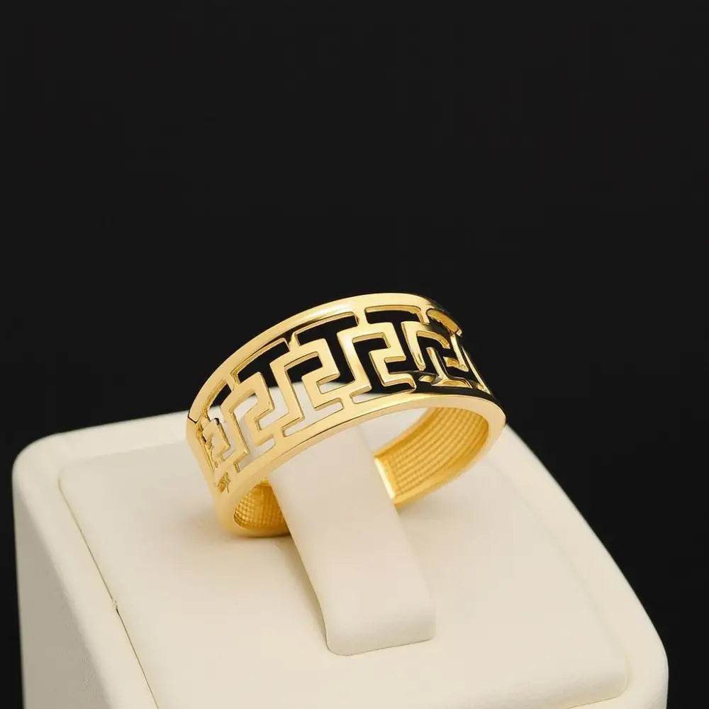 14K Solid Gold Greek Key Ring Wide Meander Pattern Wedding Band