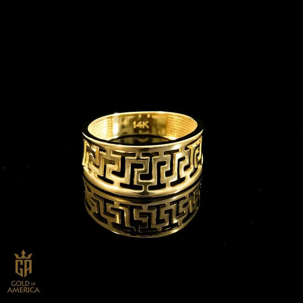 14K Solid Gold Greek Key Ring Wide Meander Pattern Wedding Band