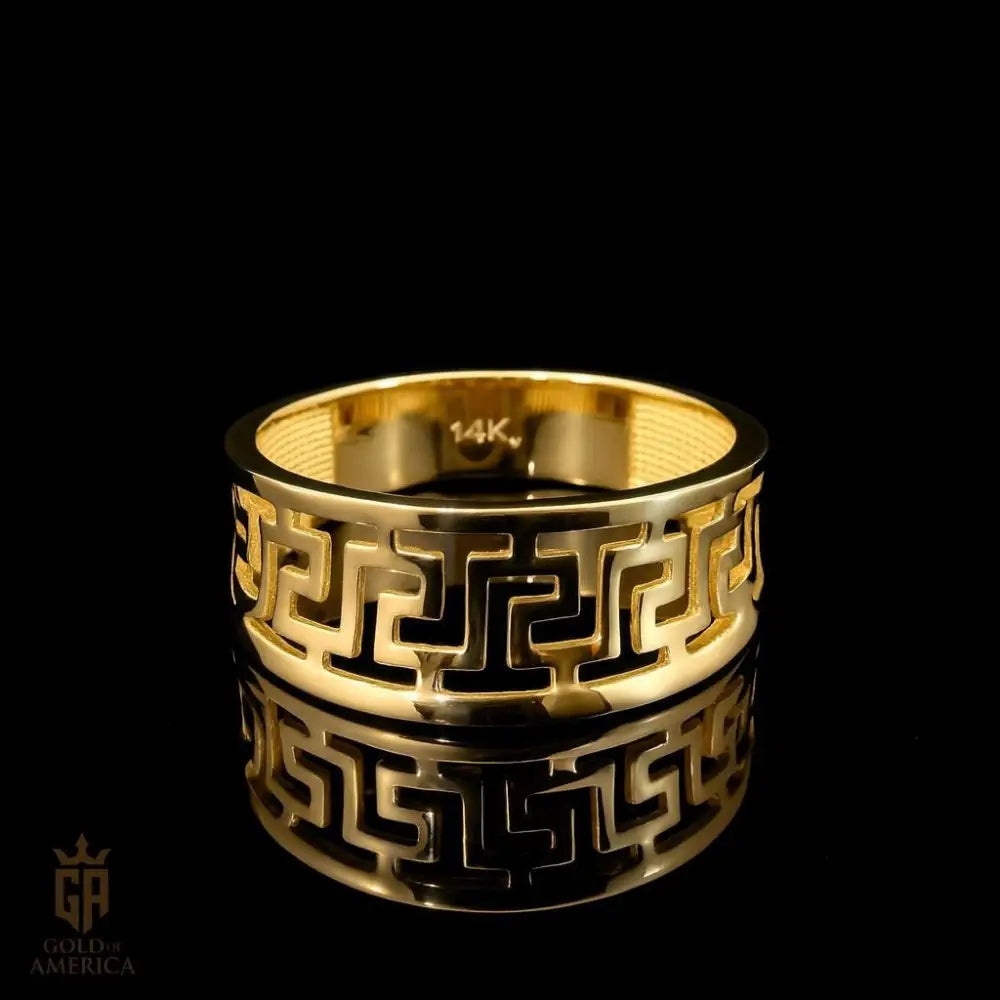14K Solid Gold Greek Key Ring Wide Meander Pattern Wedding Band