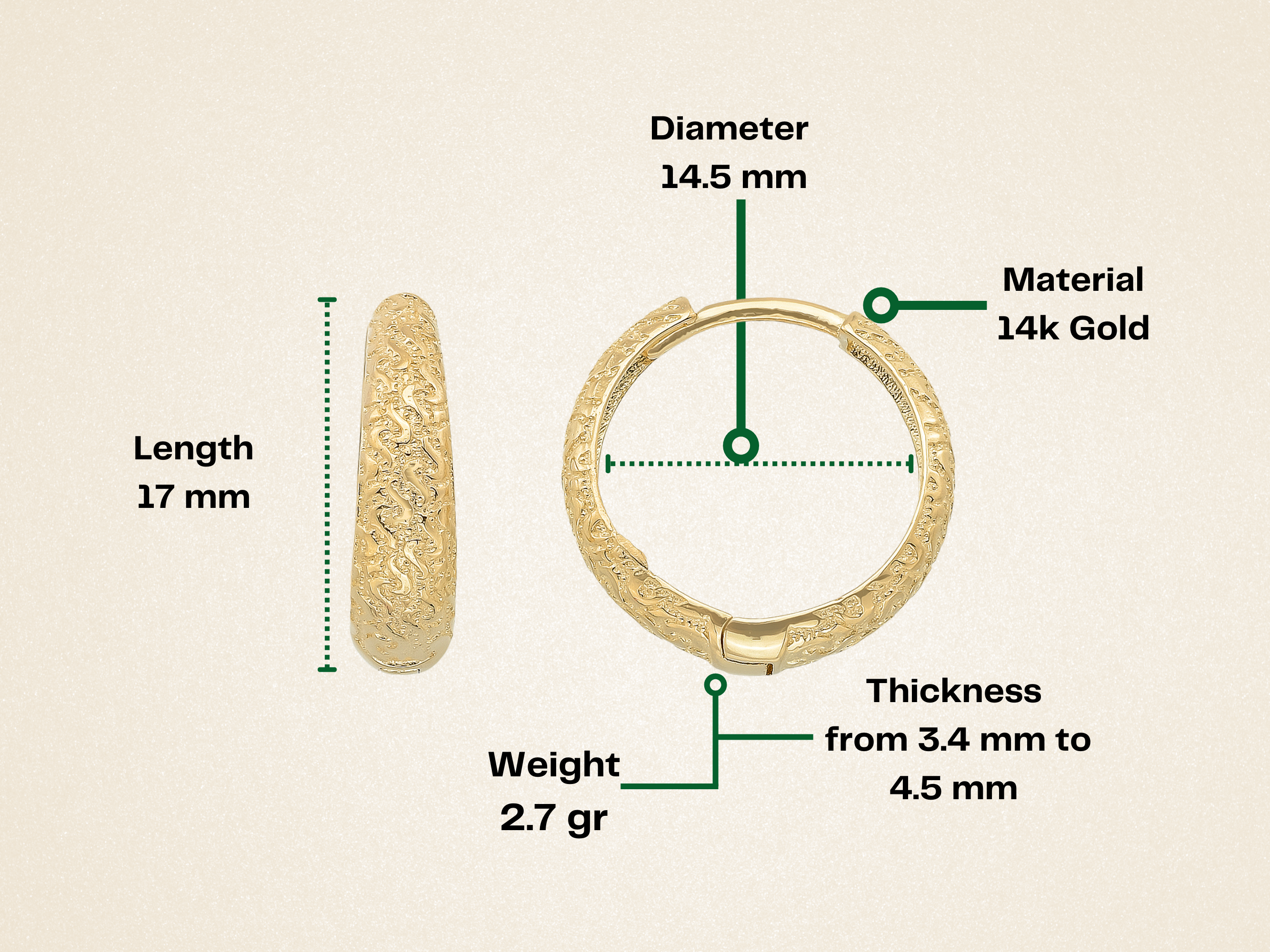 14K Solid Gold Hammered Huggie Hoop Earrings | 14.5mm Diamond-Cut Azura Hoops for Everyday Wear - Hoop Earrings