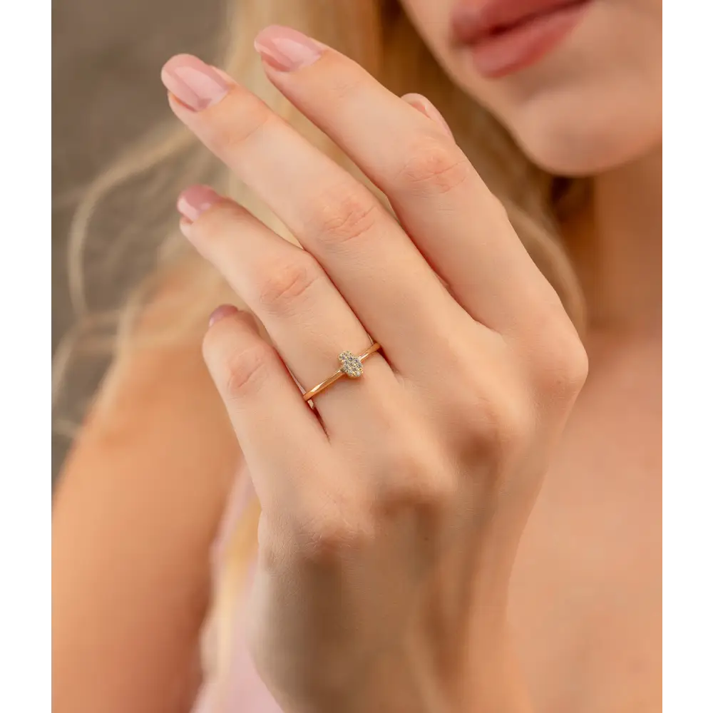 14K Solid Gold Hamsa Hand CZ Ring – Stackable Protection Jewelry for Her Sacred Symbolic Diamond Simulant Ring - Rings