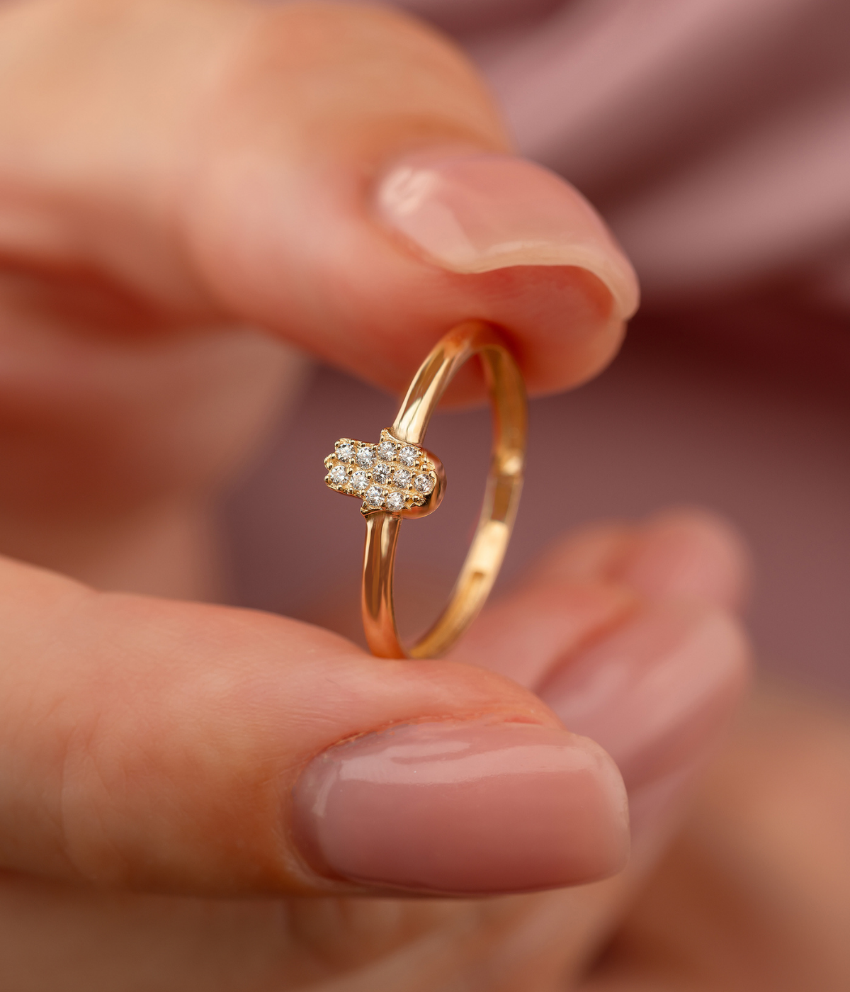 14K Solid Gold Hamsa Hand CZ Ring – Stackable Protection Jewelry for Her Sacred Symbolic Diamond Simulant Ring - Rings