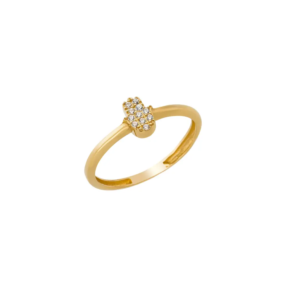 14K Solid Gold Hamsa Hand CZ Ring – Stackable Protection Jewelry for Her Sacred Symbolic Diamond Simulant Ring - Rings
