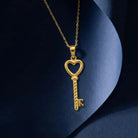 14K Solid Gold Handmade Heart Shaped Key Necklace Love Symbol Pendant With Key Design - Jewelry