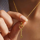 14K Solid Gold Handmade Heart Shaped Key Necklace Love Symbol Pendant With Key Design - Jewelry