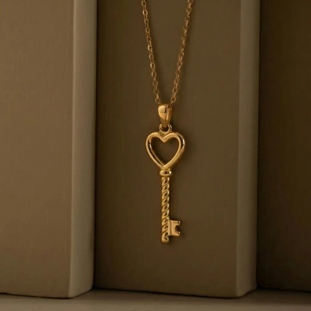 14K Solid Gold Handmade Heart Shaped Key Necklace Love Symbol Pendant With Key Design - Jewelry