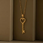 14K Solid Gold Handmade Heart Shaped Key Necklace Love Symbol Pendant With Key Design - Jewelry