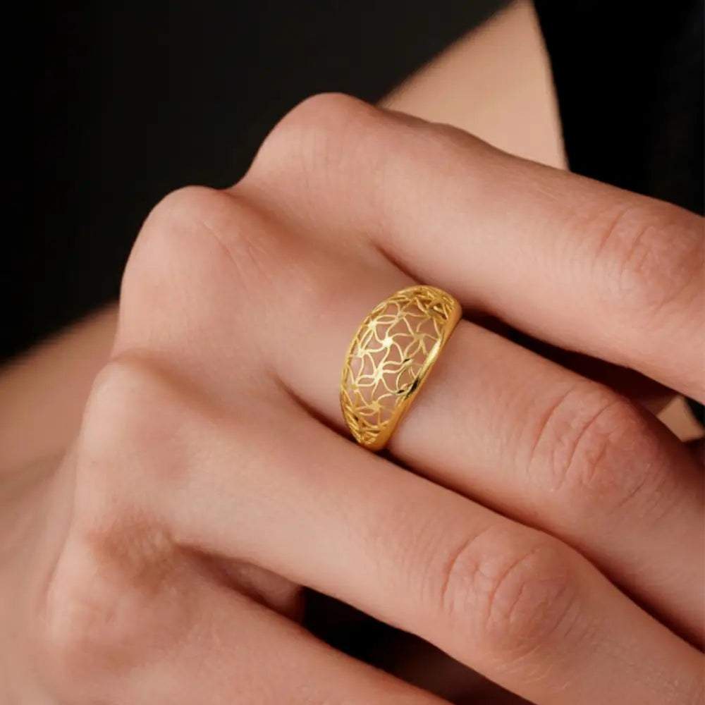14K Solid Gold Handmade Openwork Ring Elegant Floral Lattice Design Wide Band Fine Jewelry
