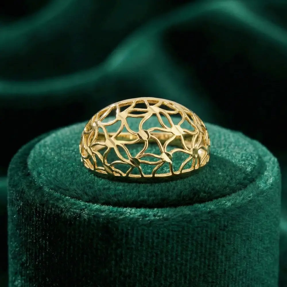14K Solid Gold Handmade Openwork Ring Elegant Floral Lattice Design Wide Band Fine Jewelry