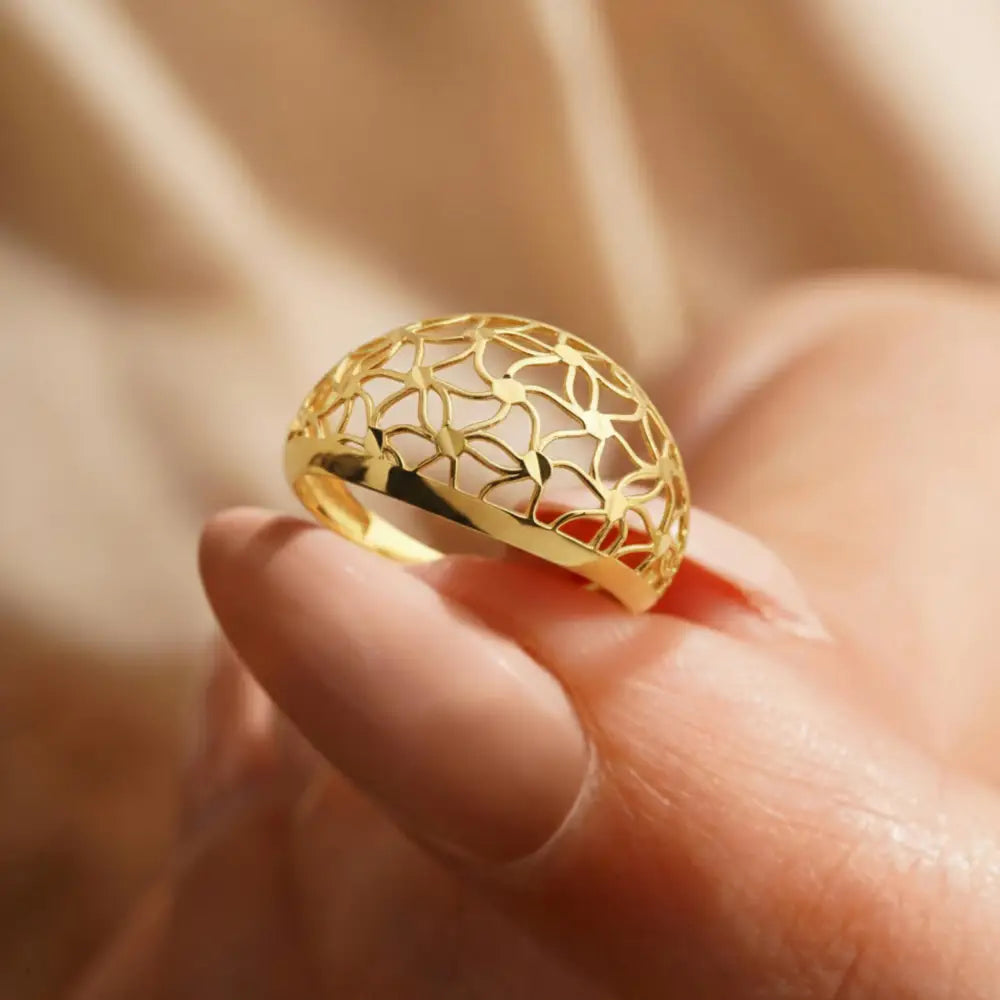 14K Solid Gold Handmade Openwork Ring Elegant Floral Lattice Design Wide Band Fine Jewelry