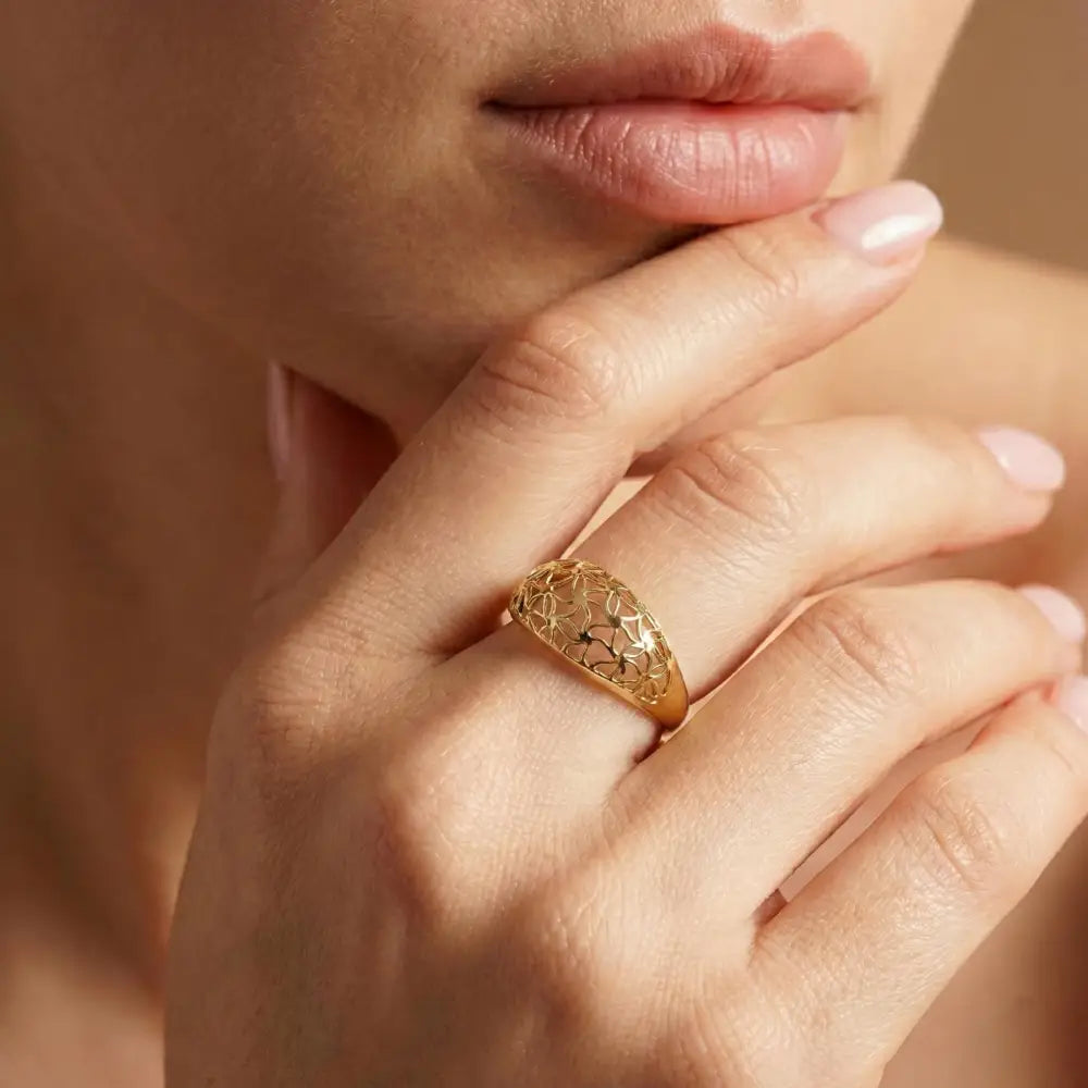 14K Solid Gold Handmade Openwork Ring Elegant Floral Lattice Design Wide Band Fine Jewelry