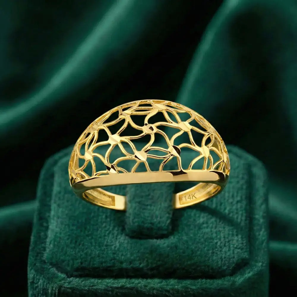 14K Solid Gold Handmade Openwork Ring Elegant Floral Lattice Design Wide Band Fine Jewelry