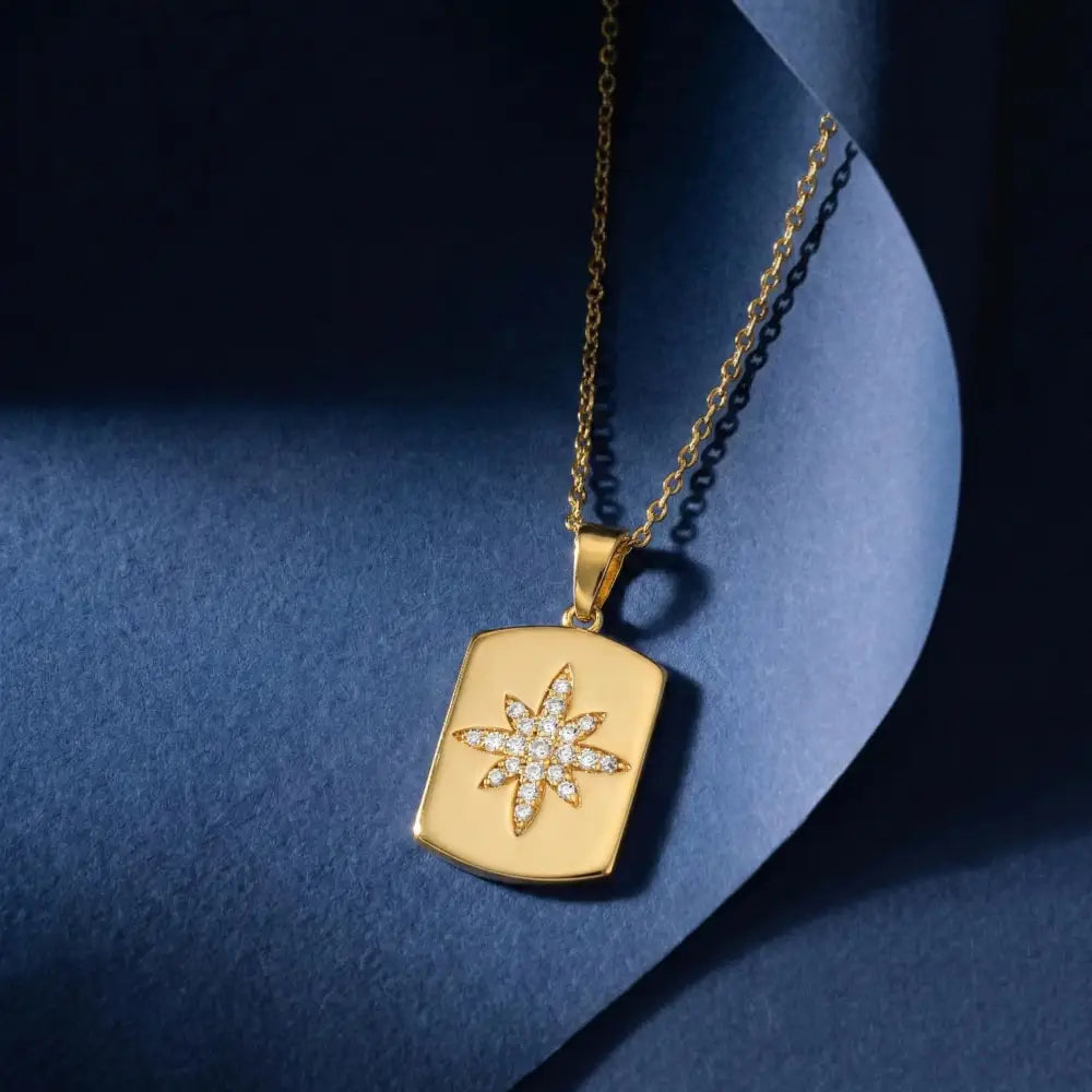 14K Solid Gold Handmade Star Cz Necklace Minimal Compass Star Dog Tag Pendant Jewelry - Jewelry