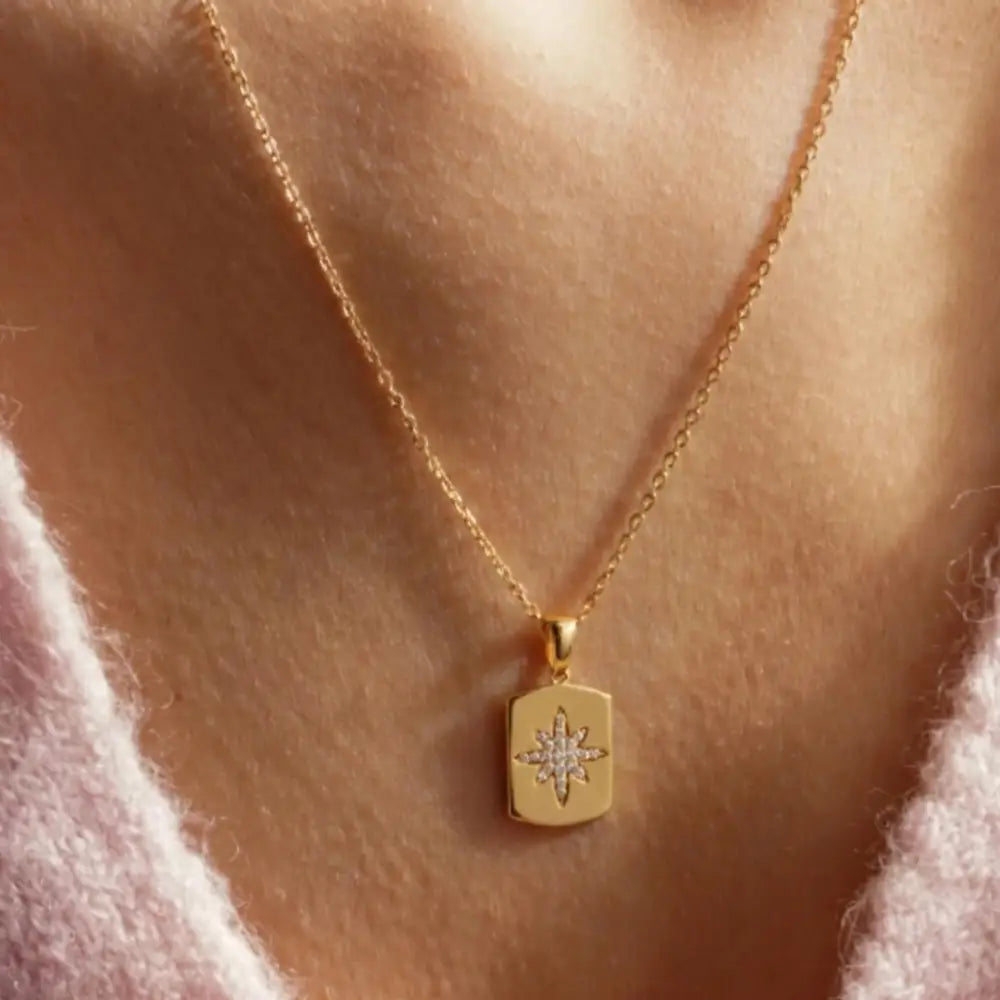 14K Solid Gold Handmade Star Cz Necklace Minimal Compass Star Dog Tag Pendant Jewelry - Jewelry