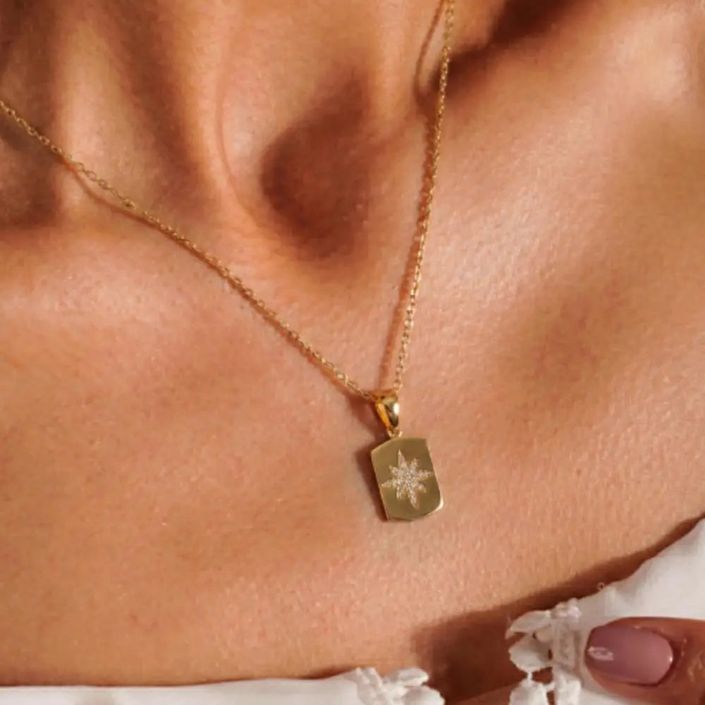 14K Solid Gold Handmade Star Cz Necklace Minimal Compass Star Dog Tag Pendant Jewelry - Jewelry