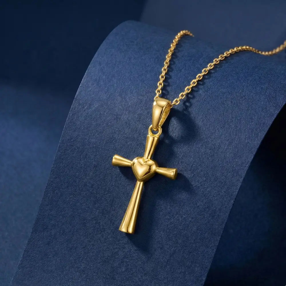 14K Solid Gold Heart Cross Necklace Polished Christian Pendant Faith Love Charm Religious Gift for Her Wife Mom
