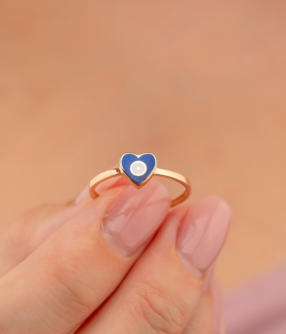 14K Solid Gold Heart Evil Eye Handmade Ring Blue - Rings