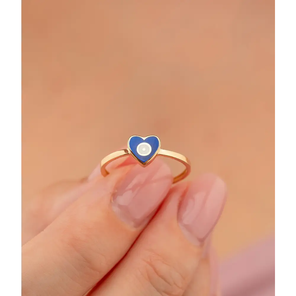 14K Solid Gold Heart Evil Eye Handmade Ring Blue - Rings