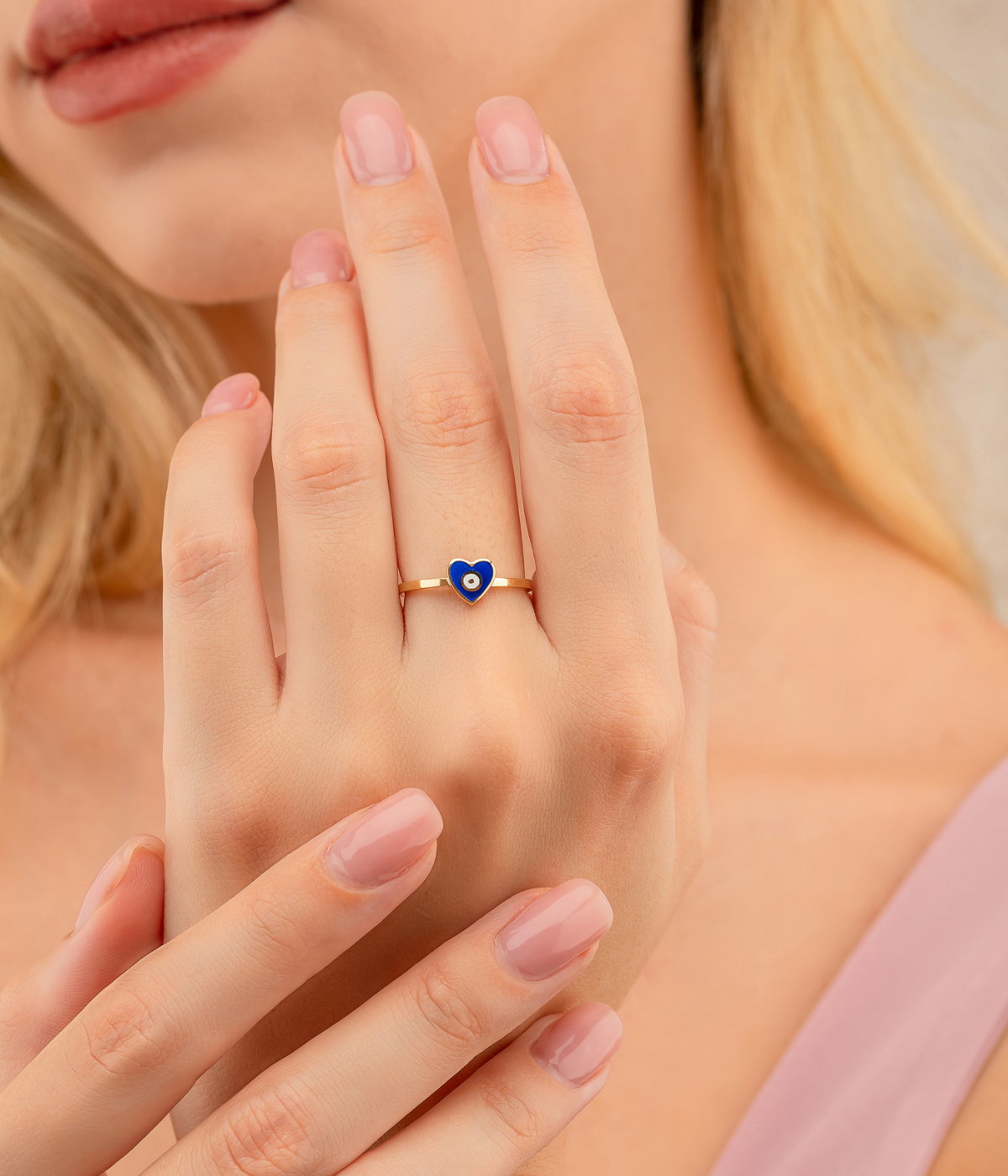 14K Solid Gold Heart Evil Eye Handmade Ring Blue - Rings