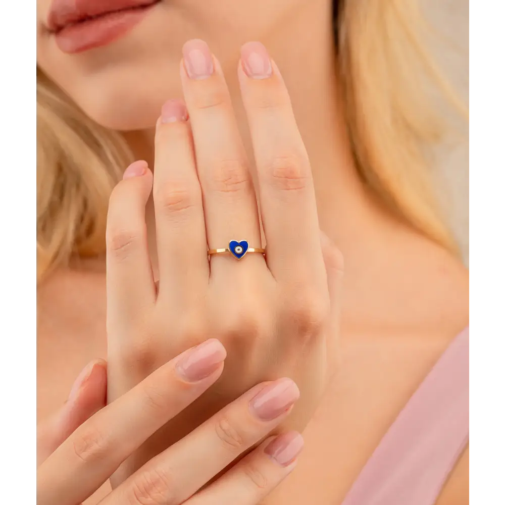 14K Solid Gold Heart Evil Eye Handmade Ring Blue - Rings