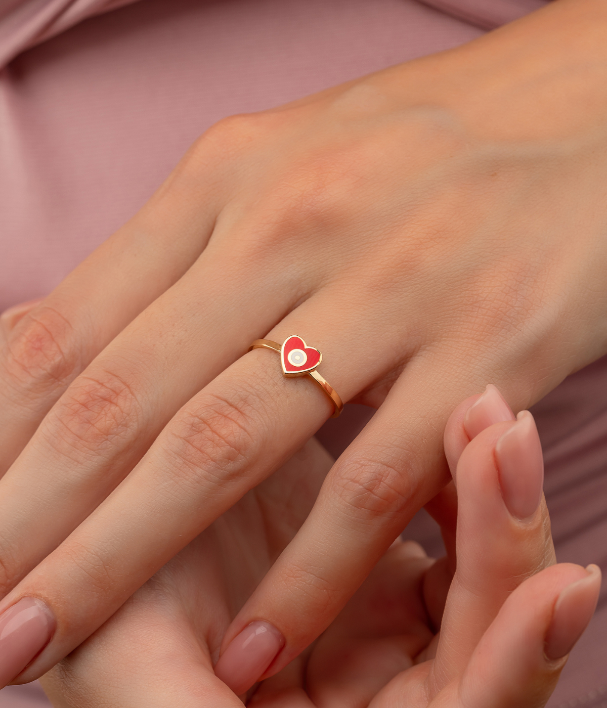 14K Solid Gold Heart Evil Eye Handmade Ring Red - Rings