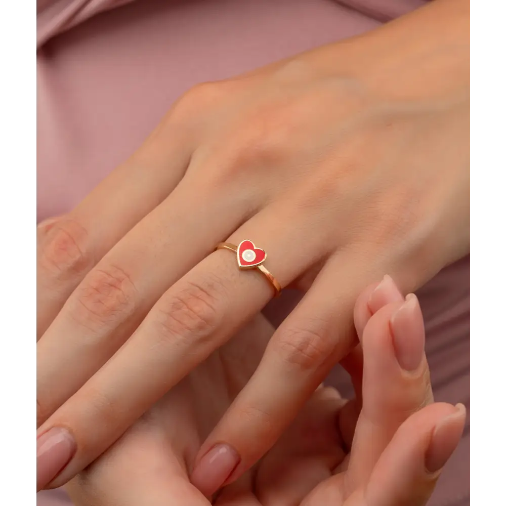 14K Solid Gold Heart Evil Eye Handmade Ring Red - Rings