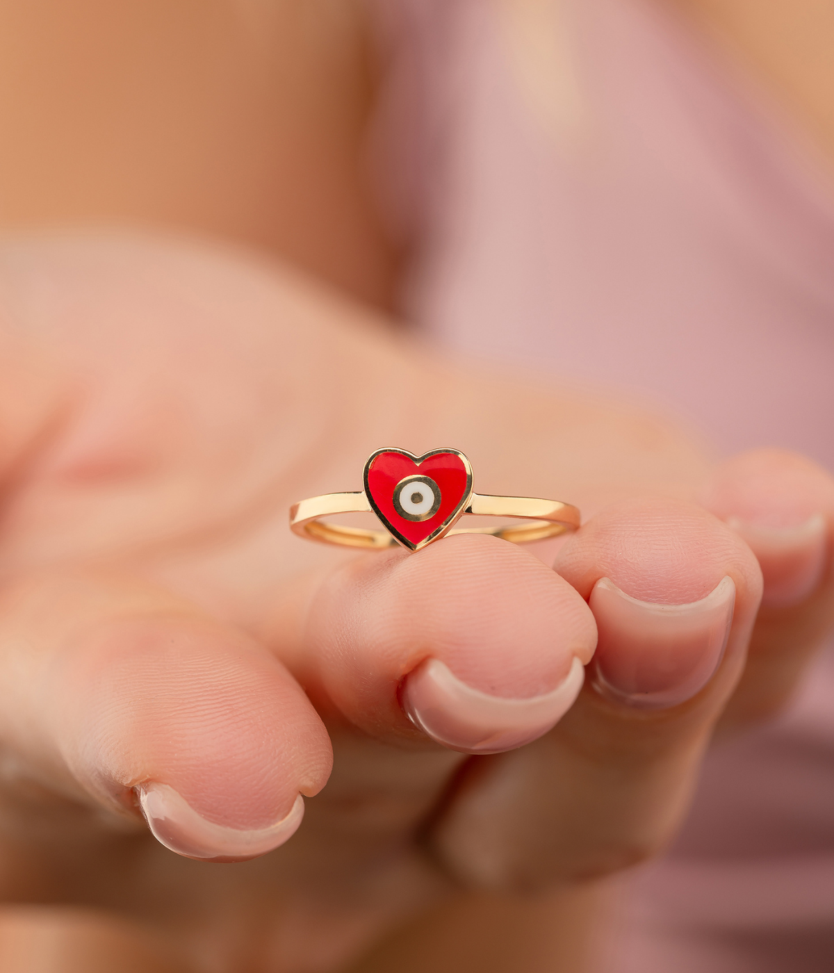 14K Solid Gold Heart Evil Eye Handmade Ring Red - Rings