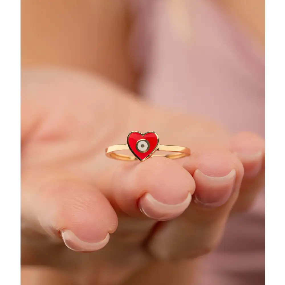 14K Solid Gold Heart Evil Eye Handmade Ring Red - Rings