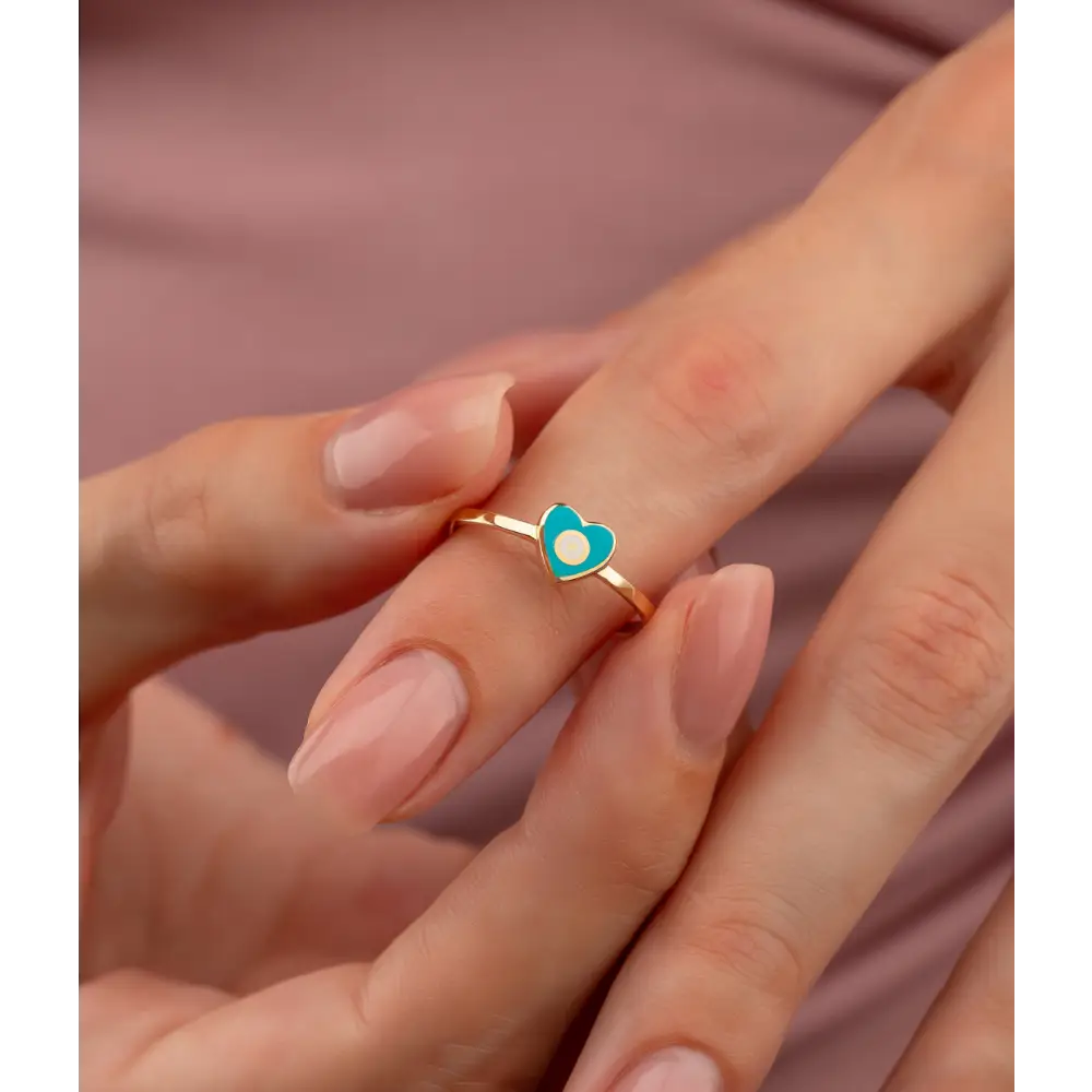 14K Solid Gold Heart Evil Eye Handmade Ring Turquoise - Rings