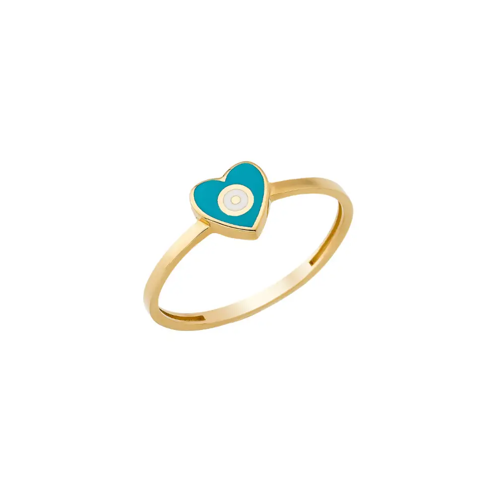 14K Solid Gold Heart Evil Eye Handmade Ring Turquoise - Rings