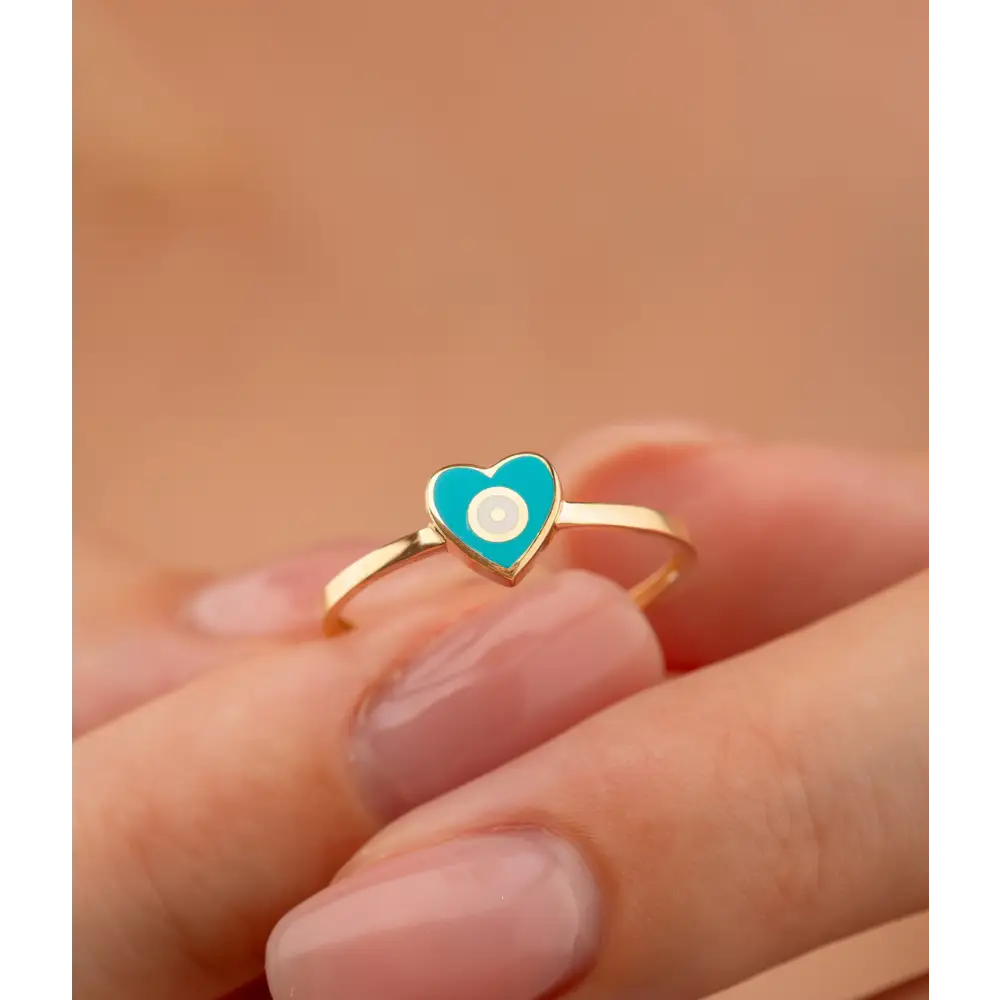 14K Solid Gold Heart Evil Eye Handmade Ring Turquoise - Rings