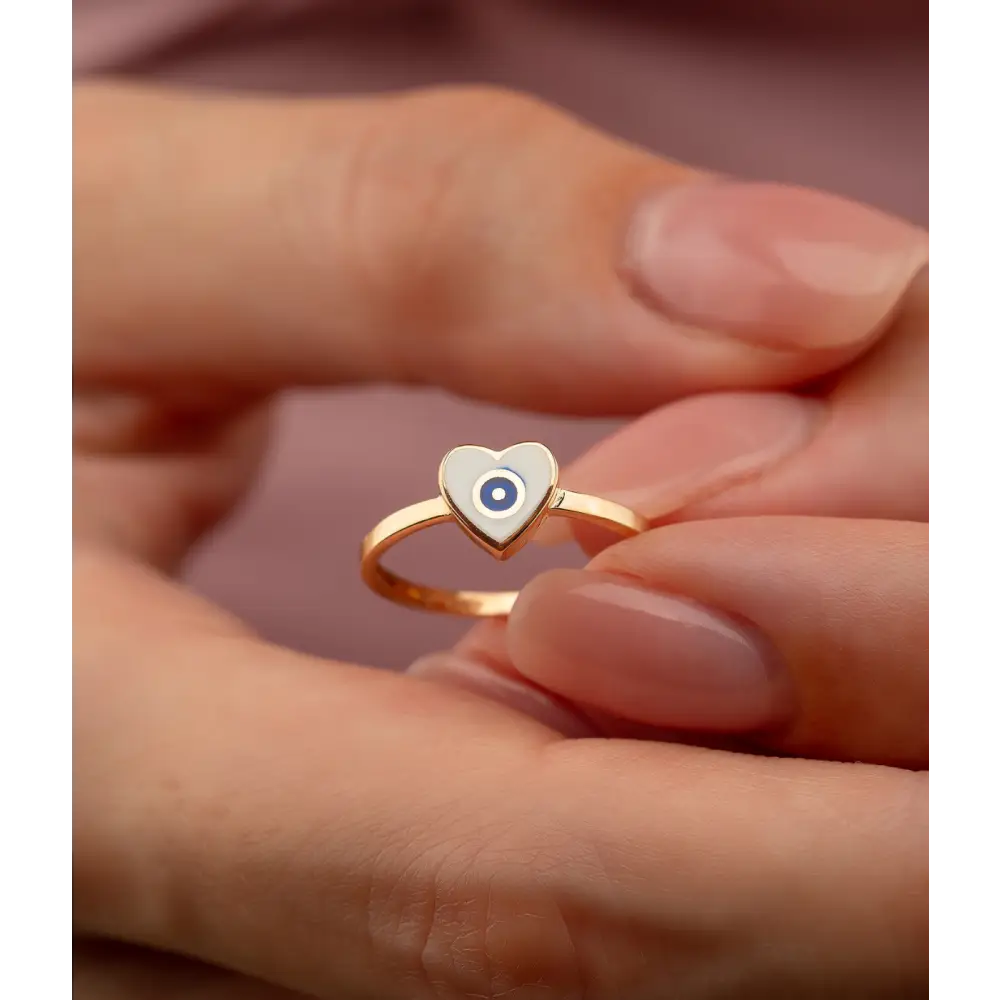 14K Solid Gold Heart Evil Eye Handmade Ring White - Rings