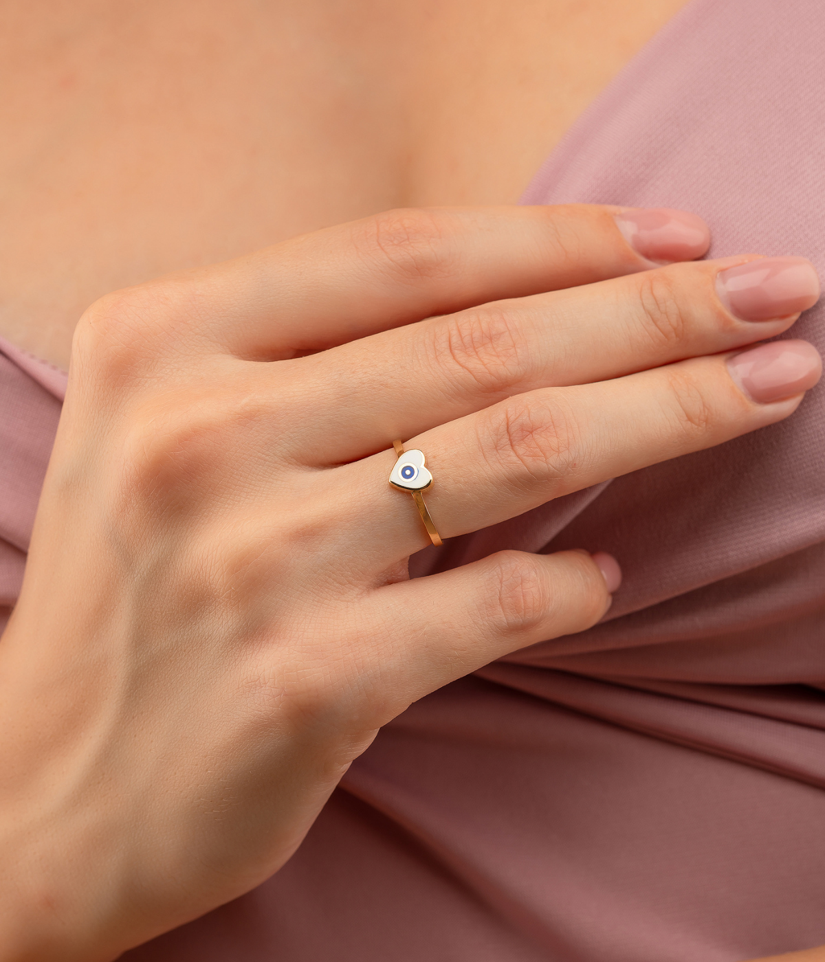 14K Solid Gold Heart Evil Eye Handmade Ring White - Rings