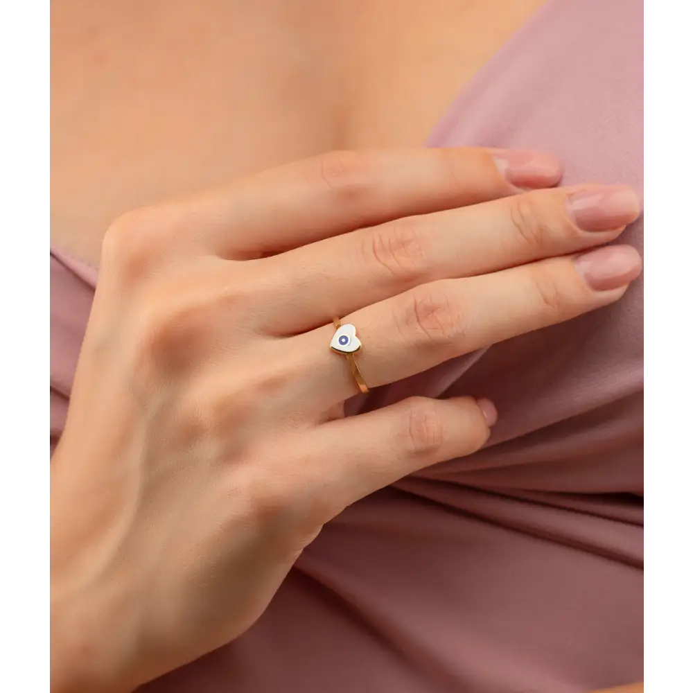 14K Solid Gold Heart Evil Eye Handmade Ring White - Rings