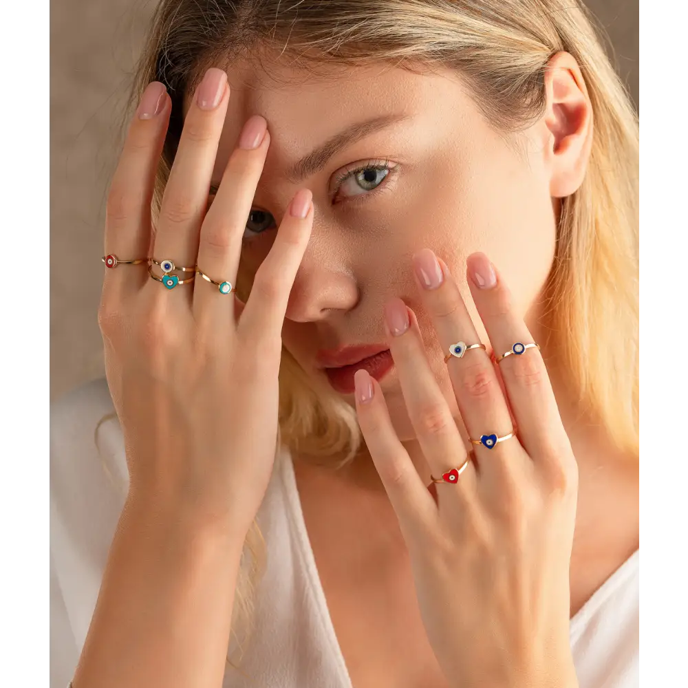 14K Solid Gold Heart Evil Eye Handmade Ring White - Rings