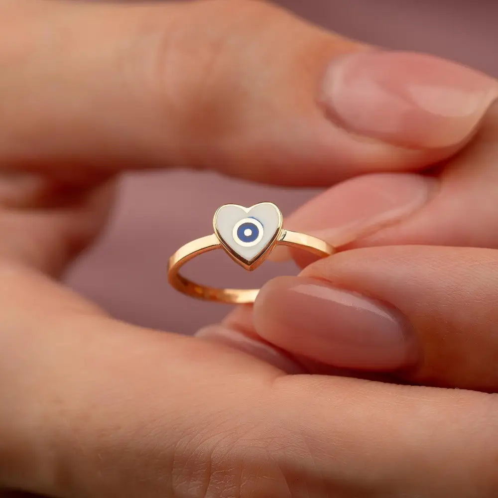14K Solid Gold Heart Evil Eye Ring Boho Enamel Protection