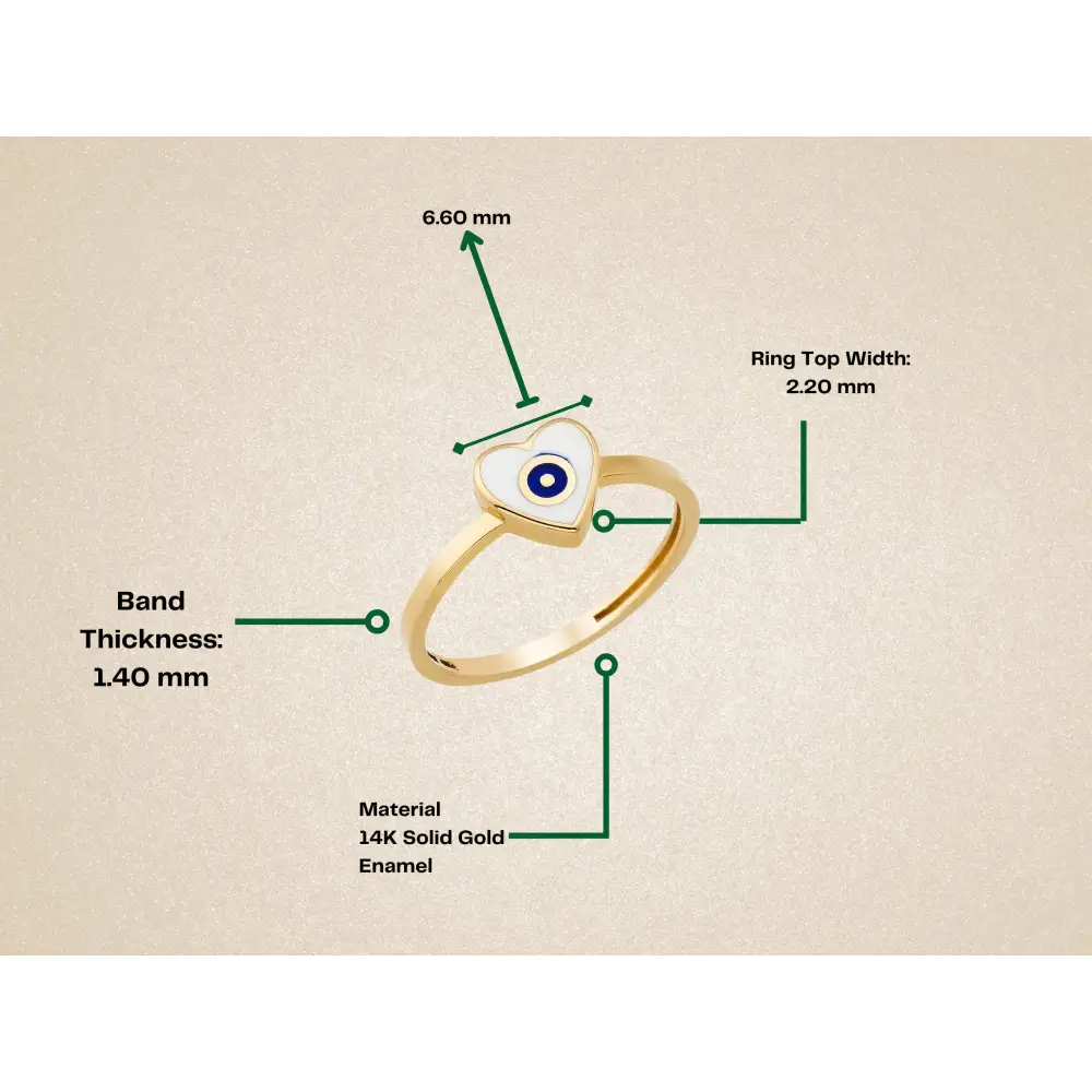 14K Solid Gold Heart Evil Eye Ring Boho Enamel Protection