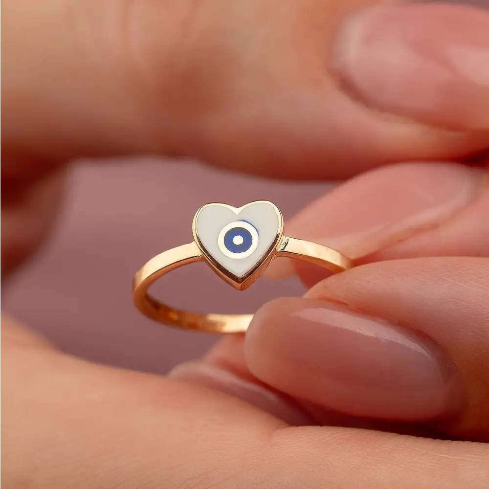 14K Solid Gold Heart Evil Eye Ring Boho Enamel Protection